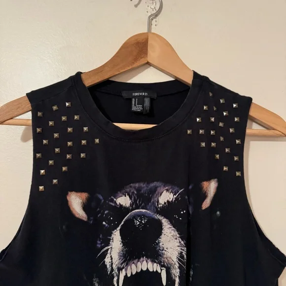 Forever 21 Black angry dog, graphic muscle tee studded shoulder - small - Picture 3 of 6